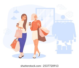 Shopping in store. Happy women girlfriends buyers with takeaway coffee and packages near rack with clothes on sale. Vector illustration. Holiday Female character shopper, purchase, Black Friday