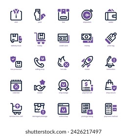 Paquete de iconos de compras y tiendas para tu sitio web, móvil, presentación y diseño de logotipo. Diseño de doble tono de icono de compras y tienda. Ilustración de gráficos vectoriales y trazo editable.