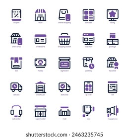 Paquete de iconos de compras y tiendas para tu Sitio web, móvil, presentación y diseño de logotipo. Diseño de doble tono de icono de compras y tienda. Ilustración gráfica de Vector y trazo editable.