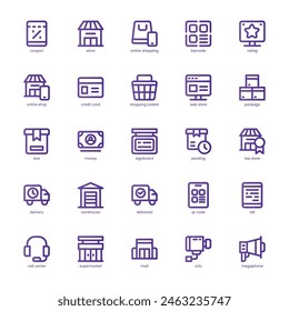 Paquete de iconos de compras y tiendas para tu Sitio web, móvil, presentación y diseño de logotipo. Diseño de degradado de línea básica del icono de Shopping y Store. Ilustración gráfica de Vector y trazo editable.