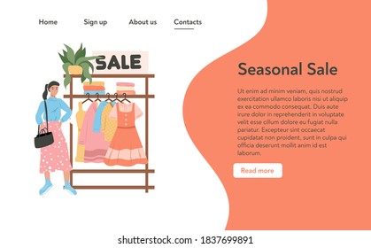 Shopping store landing page template. Woman in fashionable clothes, shelves with clothes, textile, and accessorizes vector flat cartoon illustration. Wardrobe store, seasonal sale poster template.