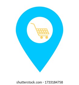 Icono del puntero del pin del mapa de ubicación del almacén de compras Elemento de punto de mapa para concepto móvil y aplicaciones web. Icono para el diseño de sitios web y desarrollo de aplicaciones. Carro de compras premium, símbolo del icono del carro.
