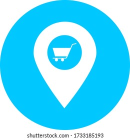 Shopping Store Position Karte Pin-Zeiger in blauen Kreis Symbol. Element des Kartenpunktes für mobiles Konzept und Web-Apps. Icon für Website-Design und App-Entwicklung. Premium-Warenkorb, Symbol für das Trolleysymbol