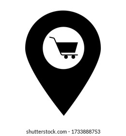  Shopping Store Position Karte Pin-Zeiger-Symbol. Element des Kartenpunktes für mobiles Konzept und Web-Apps. Icon für Website-Design und App-Entwicklung. Premium Warenkorb, Trolleysymbol