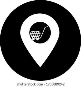 Shopping store location map pin pointer in black circle icon. Element of map point for mobile concept and web app. Icon for website design and app development. Premium shopping cart, trolley icon sign