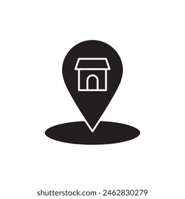 Diseño del icono del pin del mapa de la ubicación de la tienda de compras, aislado sobre fondo blanco, Ilustración vectorial