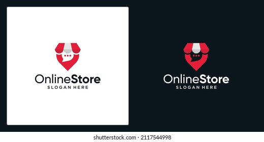 Shopping store logo with chat bubble and pin location. Online shop icon simple minimalist logo design vector illustration. Isolation of objects on a black and white background.