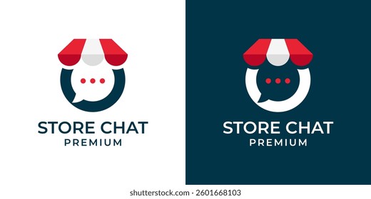 Shopping store logo with chat bubble vector illustration. Online store shop consultation logo design vector illustration isolation on a black and white background. Minimalist modern logo.