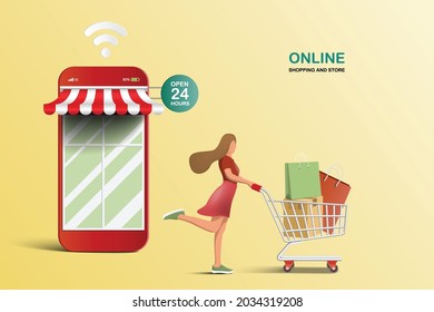 Shopping and store online concept. Shop on smartphone with women and shopping cart. Marketing online concept.