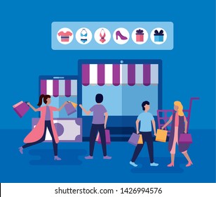 shopping store online outdor guys holding bags vector illustration