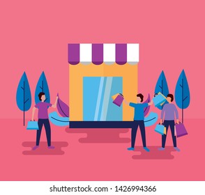 shopping store outdoor trees girls and boys holding bags vector illustration