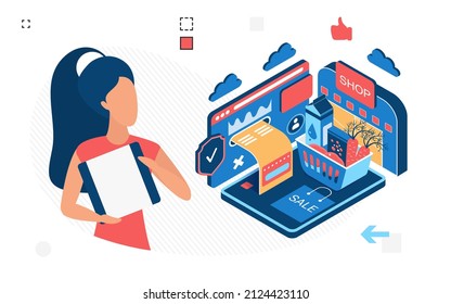 Shopping store sale goods and services season offer. Product merchandising and pricing process