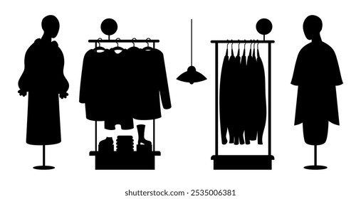 Shopping. Store Shop rack with clothes on hangers and mannequins in women clothing. Isolated silhouette black drawings. Vector illustration. Concept Christmas and New Year purchase, gift, Black Friday