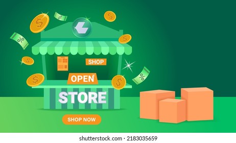 shopping store vector for product display
service advertisements displaying coins and vouchers with a green gradation background, store advertisement presentations on social media