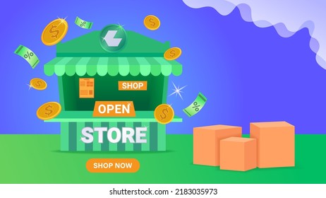 shopping store vector for product display
service advertisements displaying coins and vouchers Presentation of shop advertisements on social media can be used for banners and web