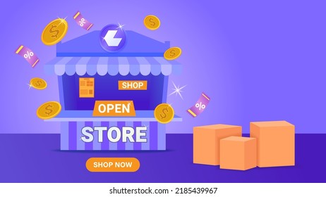 shopping store vector for product display service advertisements displaying coins and vouchers Presentation of shop advertisements on social media can be used for banners and web