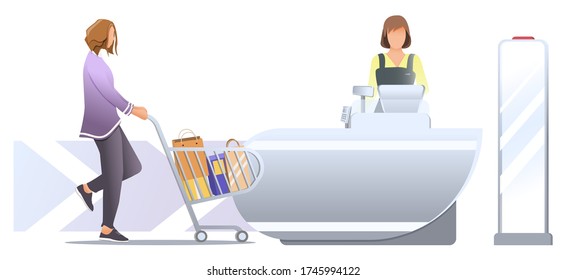 Shopping in store. Woman customer with trolley and paper bag in it, stand near cashier desk with female cashier. Shoplifting security with anti-theft sensor. Vector, illustration isolated on white.