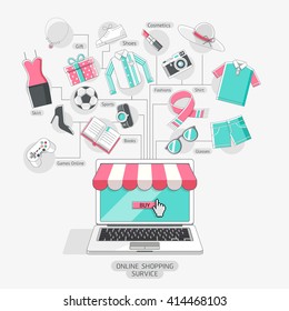 Shopping stores online conceptual line icons style. Vector illustration.