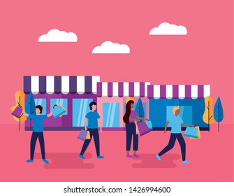 shopping stores outdoor guys buy clothes vector illustration