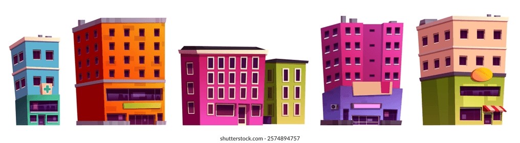 Shopping street buildings set - colorful urban architecture elements with drugstore, apartments, retail spaces. Cartoon houses with storefronts, windows and commercial signs. Town center skyscrapers.