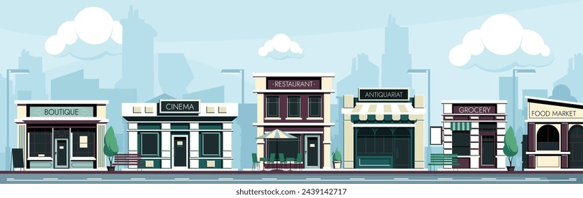 Shopping street. Cartoon city street with stores and cafe, sidewalk with trees and benches, urban landscape with storefronts. Vector illustration