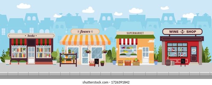 Shopping street in european town with book, wine, flower shops and supermarket. Urban landscape. Banner with building facades. Flat vector illustration, cityscape