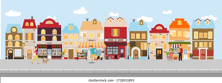 Shopping street in european town with young people walking with a dog and skateboarding, making shopping in grocery store. Urban landscape. Banner with building facades. Flat vector illustration