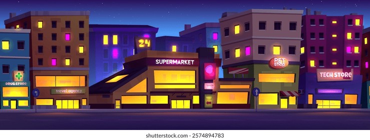 Shopping street night scene - illuminated storefronts with yellow glow, neon signs, buildings with lit windows, supermarket, stores under starry sky. Urban landscape with bright evening lights.