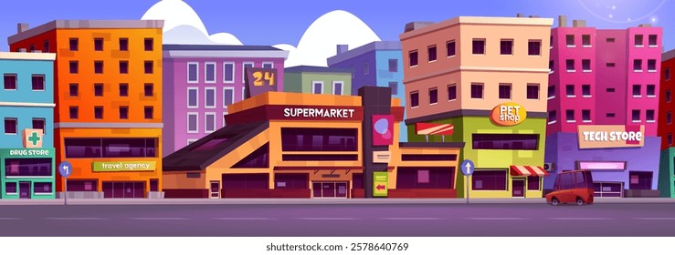 Shopping street scene illustration. Colorful urban buildings with various stores - supermarket, drugstore, tech shop, pet store and travel agency. Modern city view with bright facades, signboards, car