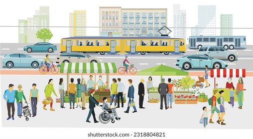 Shopping street with a weekly market, city life, illustration,