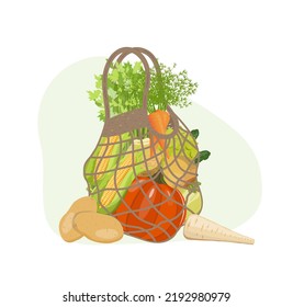 Bolsa de compras con verduras otoñales en el mercado local: calabaza, maíz, apio, zanahoria. Comprador libre de plástico reciclable reutilizable, vector Ilustración sobre fondo blanco