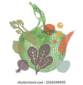 Shopping string bag design. Decorative food around