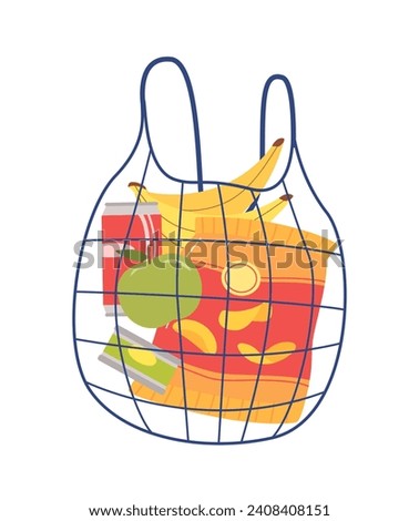 Shopping string bag with groceries. Bananas and apples, snacks. Aluminium tin with soda. Stickers for social networks. Cartoon flat vector illustration isolated on white background