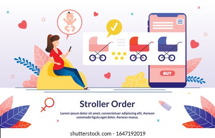 Shopping Stuff for Baby During Pregnancy Trendy Flat Vector Banner, Poster Template. Pregnant Woman Shopping Online, Lady Choosing and Ordering Goods for Child, Buying Stroller or Tram Illustration