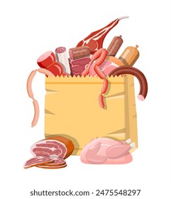 Bolsa de supermercado llena de carne. Chuleta, salchichas, tocino, jamón. Carne de res jaspeada. Carnicería, asador, productos orgánicos de la granja. Comestibles. Carne de cerdo fresca. estilo plano de Ilustración vectorial