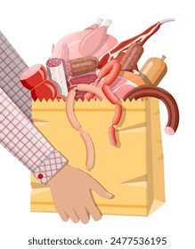 Bolsa de supermercado llena de carne. Chuleta, salchichas, tocino, jamón. Carne de res jaspeada. Carnicería, asador, productos orgánicos de la granja. Comestibles. Carne de cerdo fresca. estilo plano de Ilustración vectorial