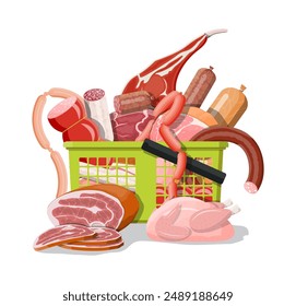 Shopping supermarket basket full of meat. Chop, sausages, bacon, ham. Marbled meat beef. Butcher shop, steakhouse, farm organic products. Grocery food. Pork fresh steak. Vector illustration flat style