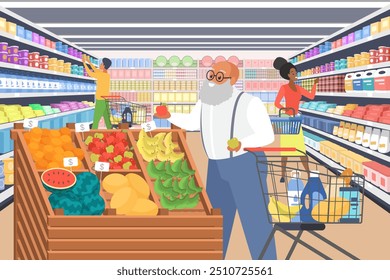 Shopping in supermarket by elderly customer. Old man with beard standing at fruit rack to choose fresh apples and buy, elder consumer walking with trolley for purchases cartoon vector illustration