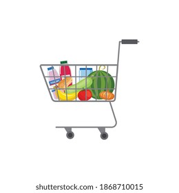 Shopping supermarket cart full of grocery production icon, flat vector illustration isolated on white background. Online store food distribution and delivery symbol.