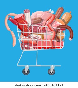 Shopping supermarket cart full of meat. Chop, sausages, bacon, ham. Marbled meat beef. Butcher shop, steakhouse, farm organic products. Grocery food. Pork fresh steak. Vector illustration flat style