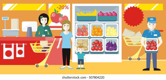 Shopping in supermarket concept. Flat design. Mother with child buying food in fruit & vegetables section. Buyers and personnel in shop interior. Seasonal sales and discounts in grocery store.