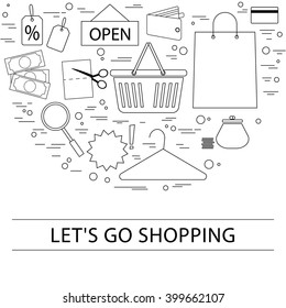 Shopping and a supermarket -  concept of icons, infographics elements. Round template with modern line flat design. Vector. 