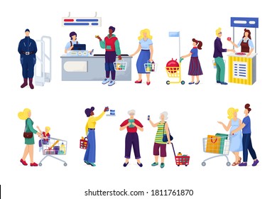 Shopping in supermarket, customers buying grocery products, set of isolated on white vector illustrations. Peopleshoppers at market, by cashier, at mall, shop or store, family with cart or basket.