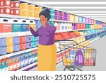 Shopping in supermarket. Elderly woman standing in aisle at shelf with packages to choose and buy products, old customer walking with trolley in hypermarket interior cartoon vector illustration