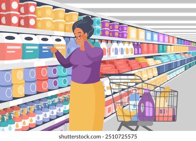 Shopping in supermarket. Elderly woman standing in aisle at shelf with packages to choose and buy products, old customer walking with trolley in hypermarket interior cartoon vector illustration