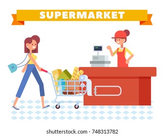 Shopping in supermarket. Flat Vector character woman cashier and buyer. Cartoon style, flat vector illustration.