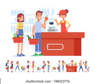 Shopping in supermarket. Flat Vector characters. Cartoon style, flat vector illustration.