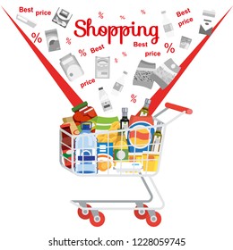 Shopping in Supermarket Flat Vector Concept with Shop Cart or Trolley Full of Food Products and Drinks Illustration on White Background. Great Sale and Discounts In Grocery. Best Price for Groceries