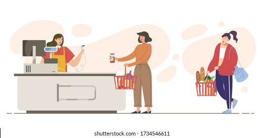 Shopping at supermarket, flat vector illustration of people queue up to pay at cashier. Concept of buying foods and supplies, housewife, shopping, business, retail, grocery shop.