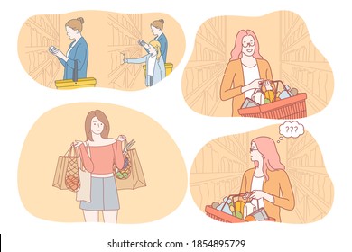 Shopping, supermarket, grocery store concept. Young positive woman cartoon character walking along shelves in supermarket with cart and choosing fresh products and food ingredients to buy 